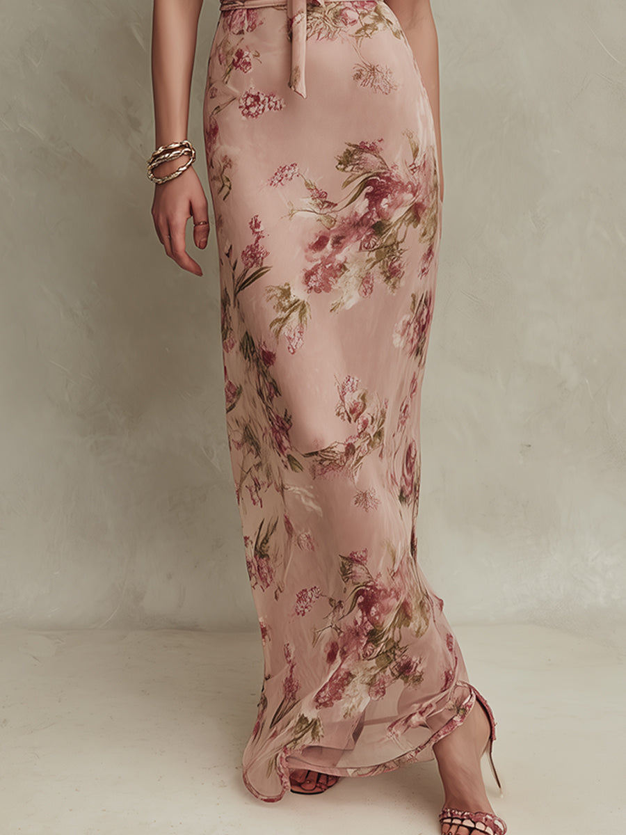 Elegante Abito Lungo in Chiffon con Stampa Floreale e Scollo a Goccia