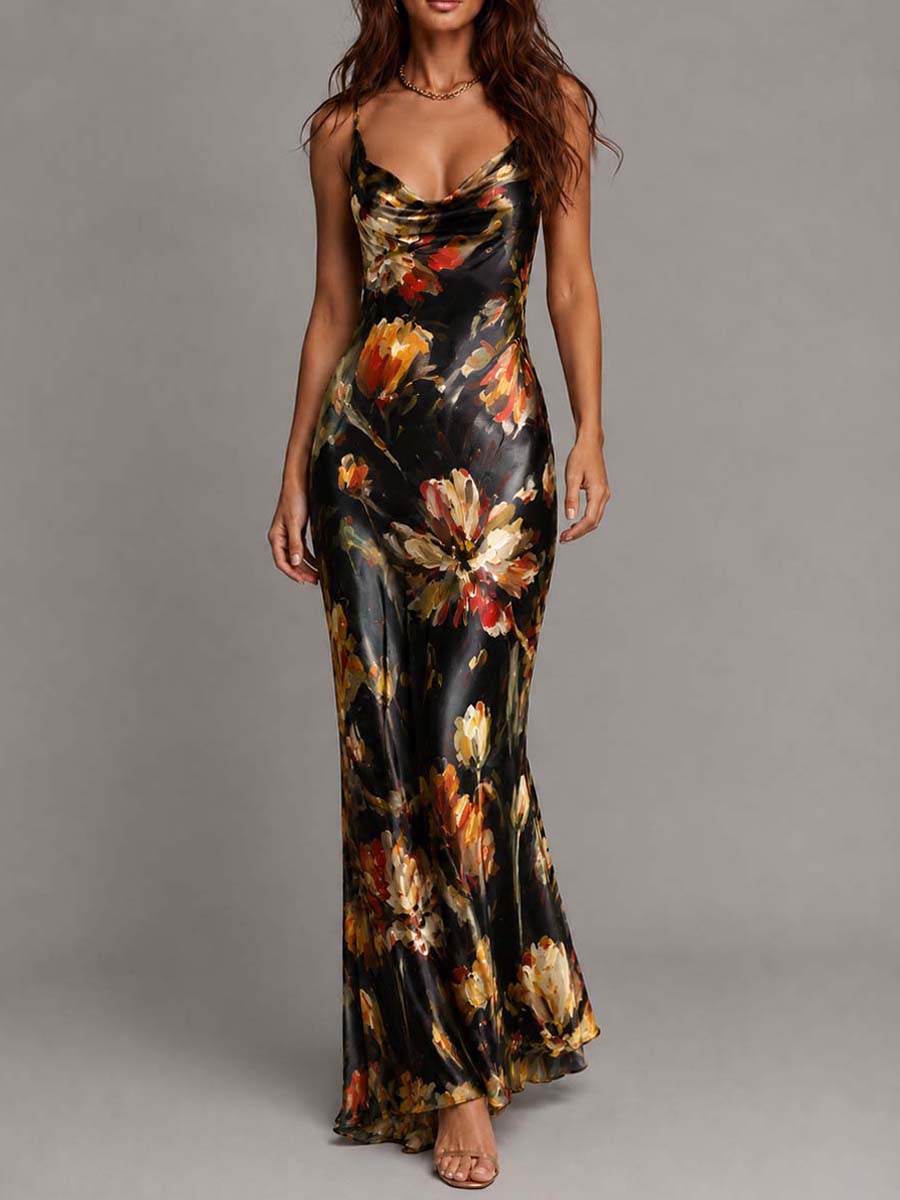 Vestido Maxi Slip de Satén con Estampado Floral y Cuello Drapado