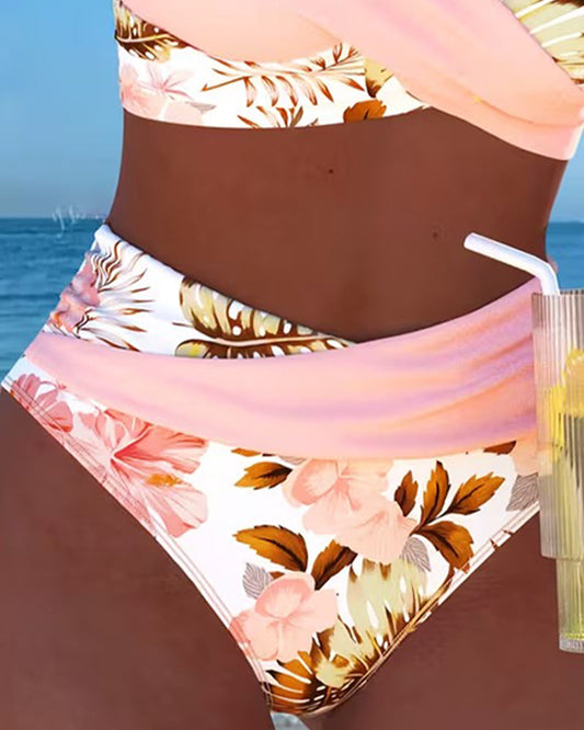 Bikini con motivo floreale a contrasto e cut-out