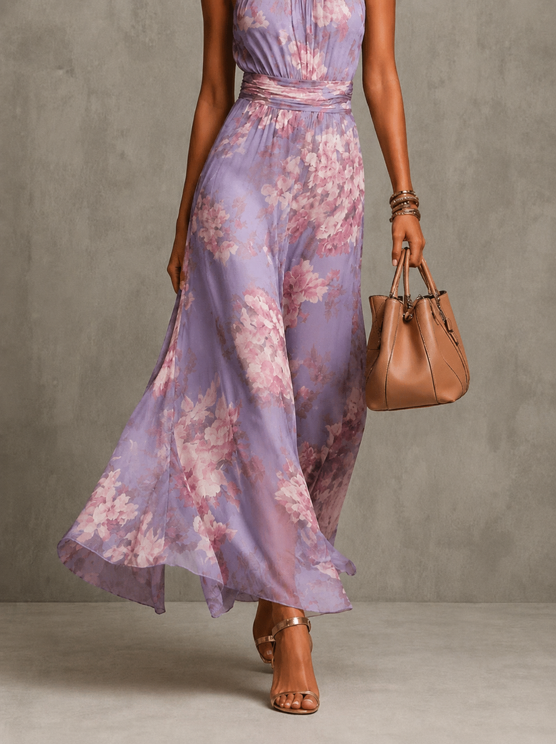 Vestito lungo all'americana in chiffon floreale rosa