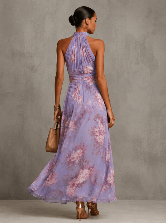 Vestito lungo all'americana in chiffon floreale rosa