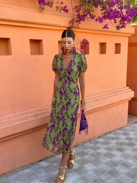 Abito Boho Plissettato Floreale con Scollo a V