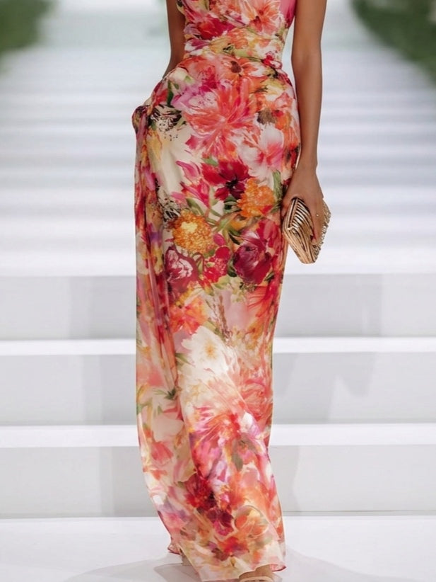 Vestito lungo con scollo all'americana e stampa floreale