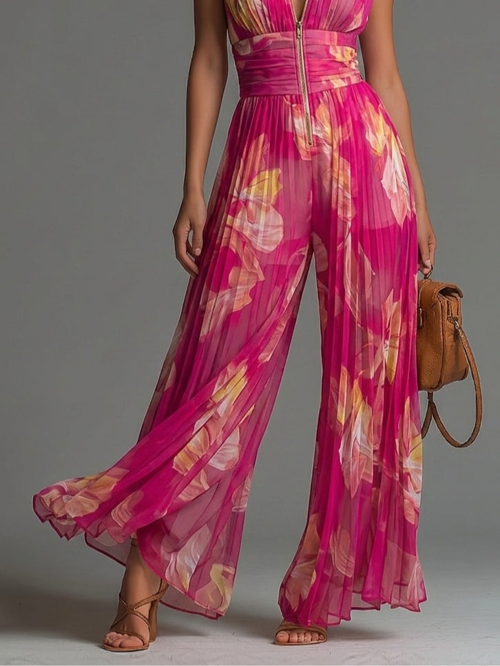 Tuta a maniche corte con stampa floreale rosa, scollo a V e zip