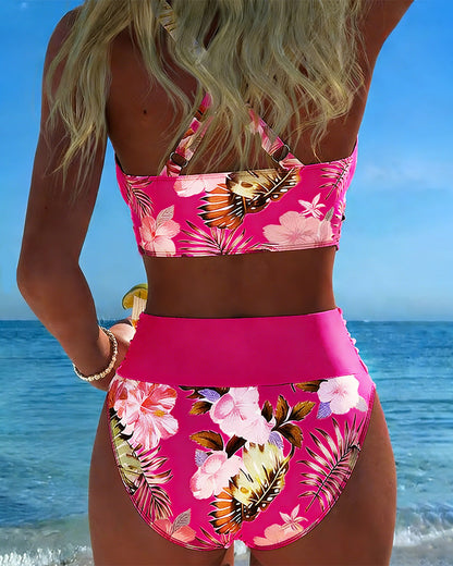 Bikini con motivo floreale a contrasto e cut-out