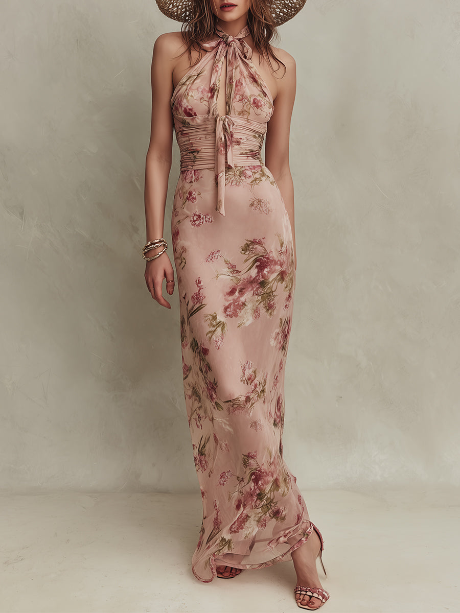 Elegante Abito Lungo in Chiffon con Stampa Floreale e Scollo a Goccia