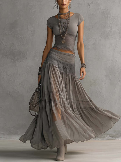 Completo Top in Pizzo Trasparente Grigio e Gonna Lunga Plissé