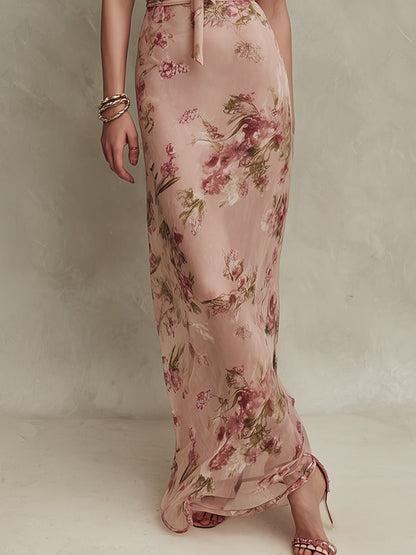 Elegante Abito Lungo in Chiffon con Stampa Floreale e Scollo a Goccia