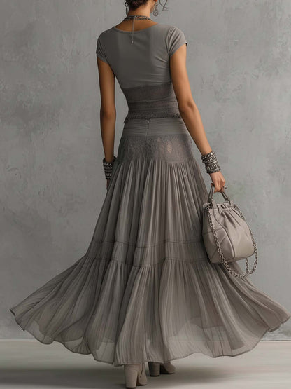 Completo Top in Pizzo Trasparente Grigio e Gonna Lunga Plissé
