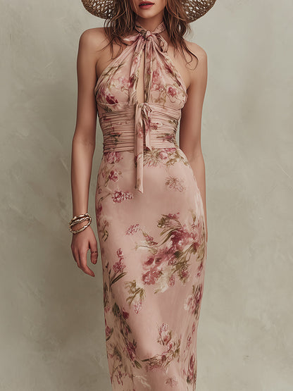 Elegante Abito Lungo in Chiffon con Stampa Floreale e Scollo a Goccia
