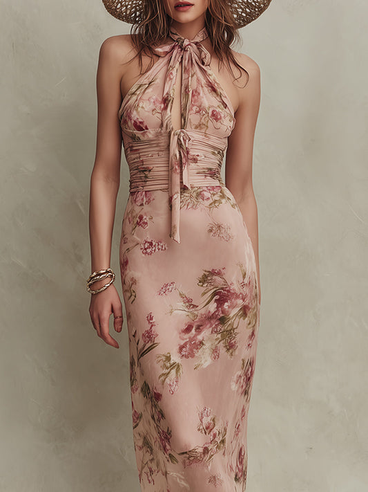 Elegante Abito Lungo in Chiffon con Stampa Floreale e Scollo a Goccia