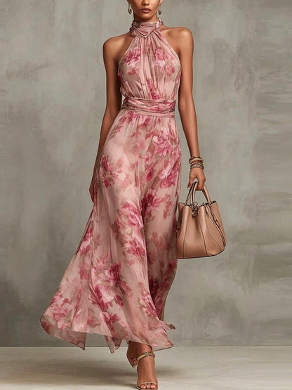 Vestito lungo all'americana in chiffon floreale rosa