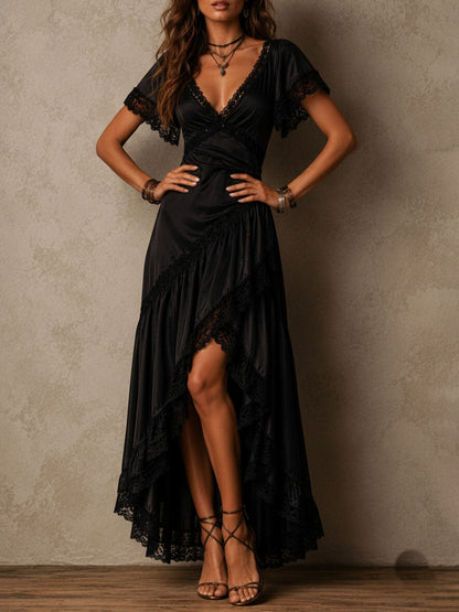 Vestito lungo incrociato in pizzo nero Boho chic