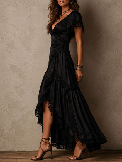 Vestito lungo incrociato in pizzo nero Boho chic
