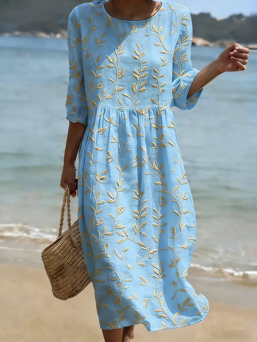 Vestido azul con flores vintage bordado