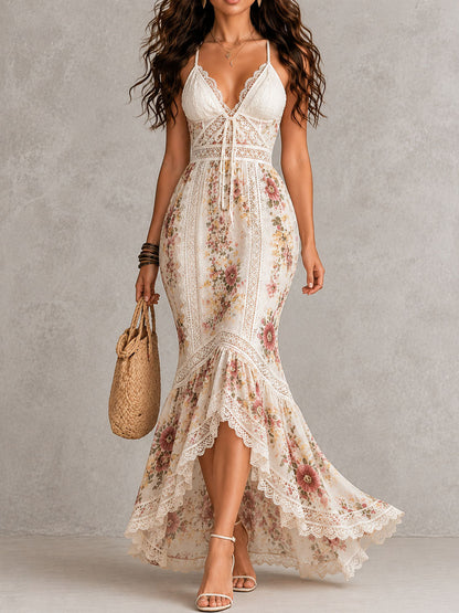 Abito lungo in pizzo a sirena con stampa floreale boho romantica