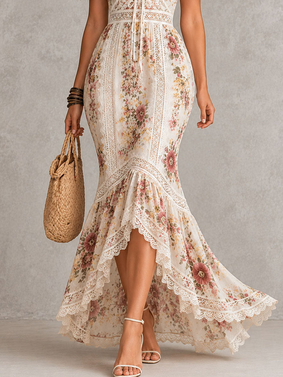Abito lungo in pizzo a sirena con stampa floreale boho romantica