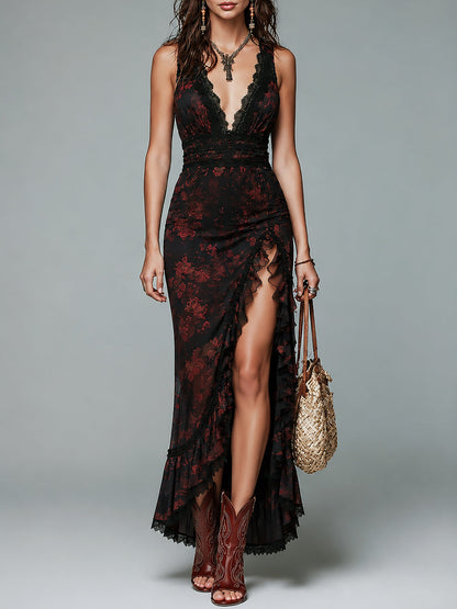Vestido Maxi de Chifón con Estampado Floral y Detalle de Encaje Elegante
