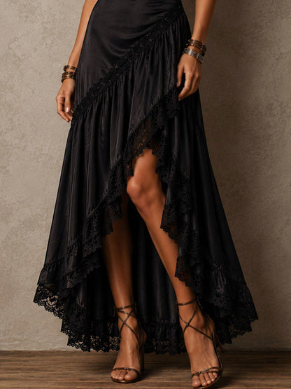 Vestito lungo incrociato in pizzo nero Boho chic