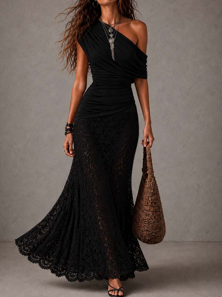 Abito lungo nero vintage a sirena con pizzo e top asimmetrico arricciato