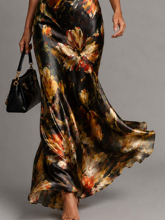 Vestito Maxi Slip in Raso con Stampa Floreale e Collo Drappeggiato