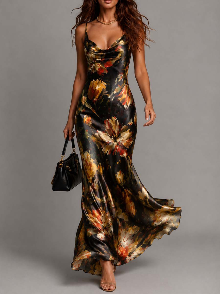 Vestido Maxi Slip de Satén con Estampado Floral y Cuello Drapado