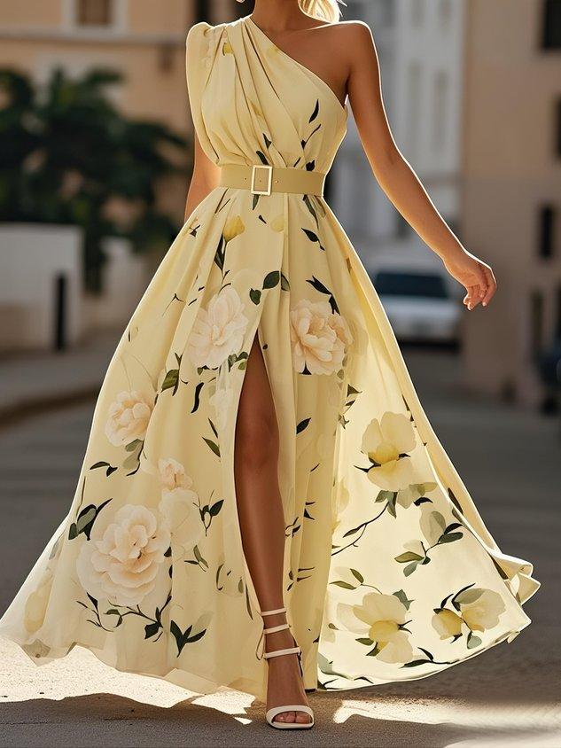 Vestito lungo monospalla floreale verde chiaro