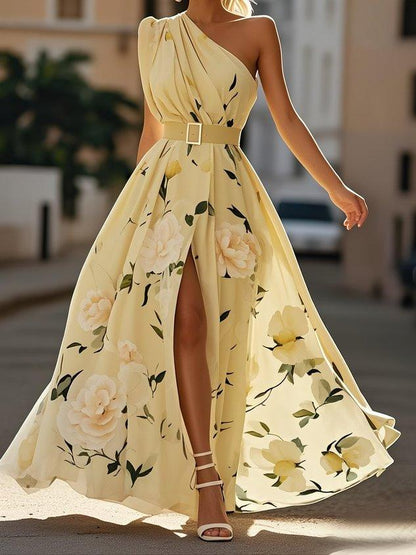 Vestito lungo monospalla floreale verde chiaro
