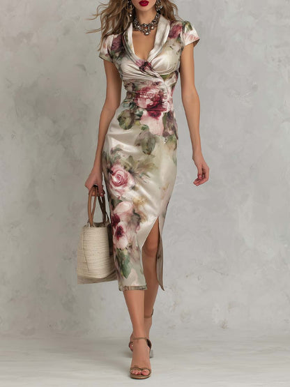 Vestido Midi Arrugado de Satén con Estampado Floral y Abertura Lateral