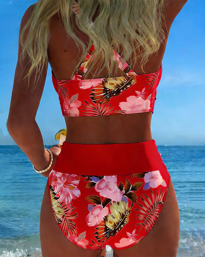 Bikini con motivo floreale a contrasto e cut-out