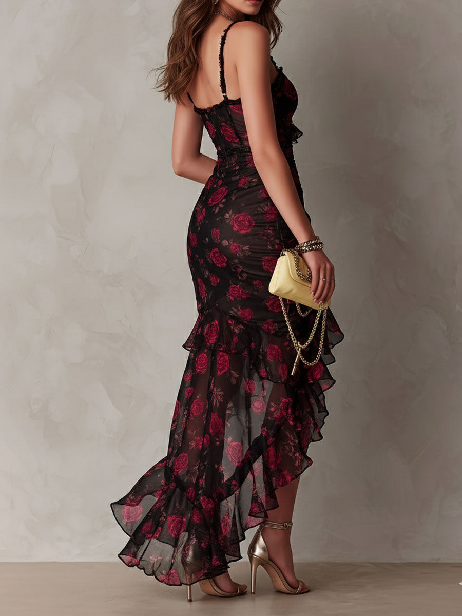 Vestito Boho Chic Nero e Rosso con Fiori, Arricciature e Dettagli in Pizzo