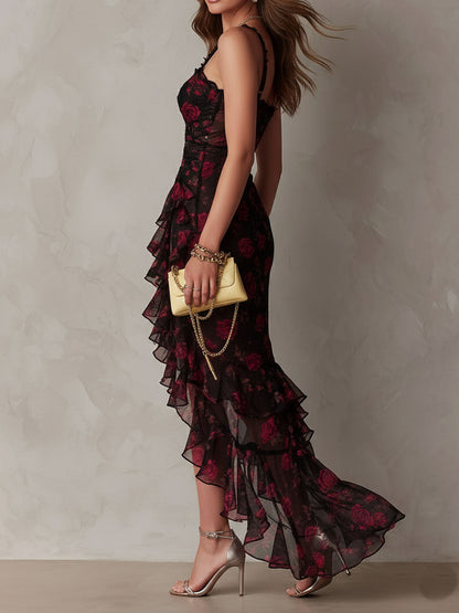 Vestito Boho Chic Nero e Rosso con Fiori, Arricciature e Dettagli in Pizzo