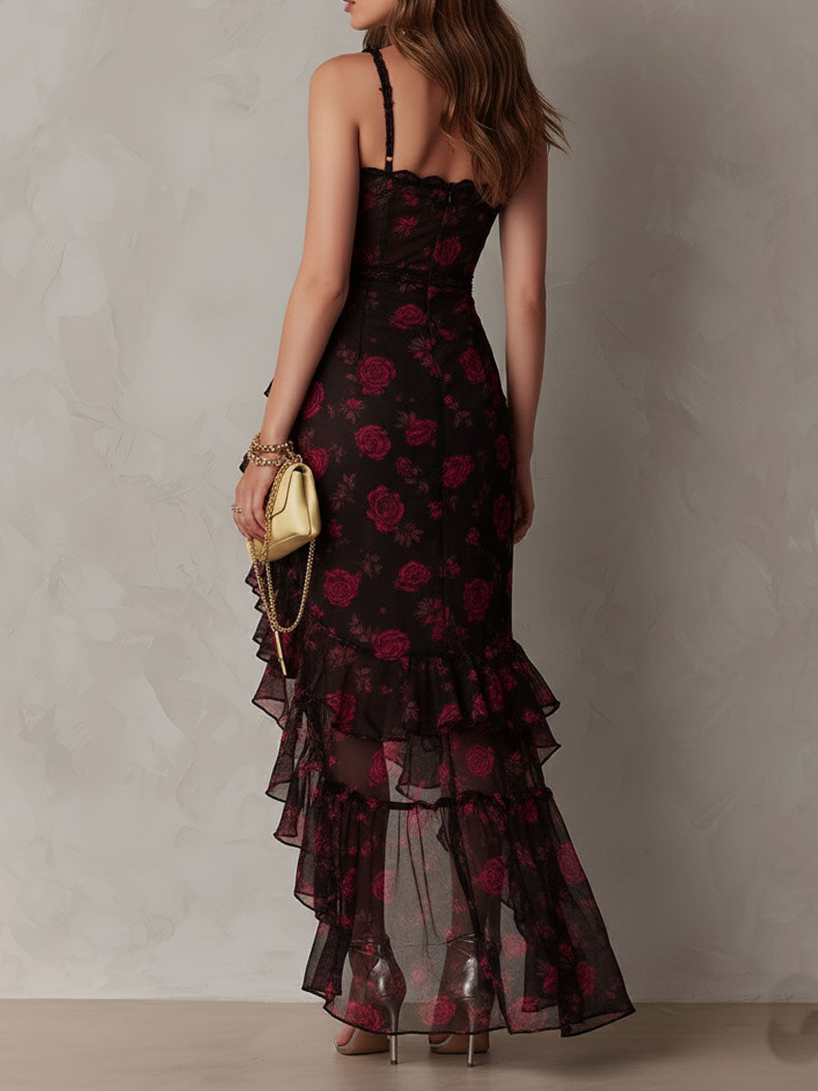 Vestito Boho Chic Nero e Rosso con Fiori, Arricciature e Dettagli in Pizzo