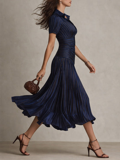 Vestido Midi Bodycon de Satén Plisado a Rayas Retro