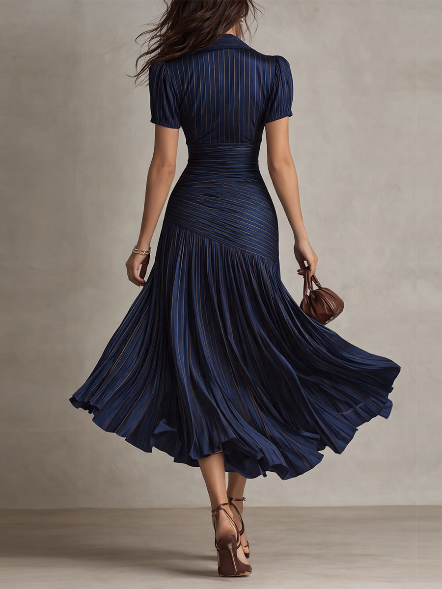 Vestido Midi Bodycon de Satén Plisado a Rayas Retro