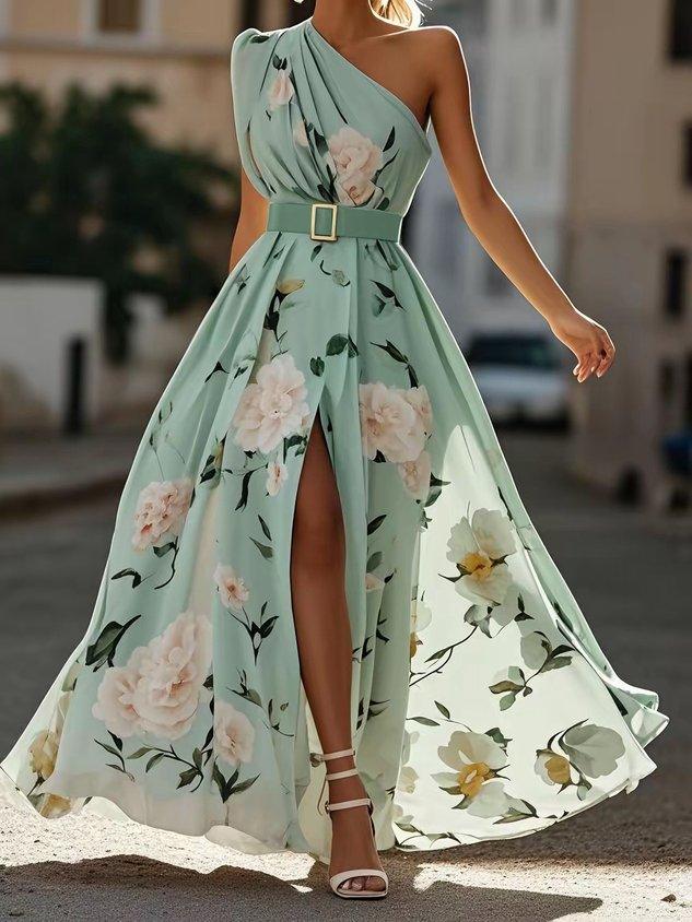 Vestito lungo monospalla floreale verde chiaro