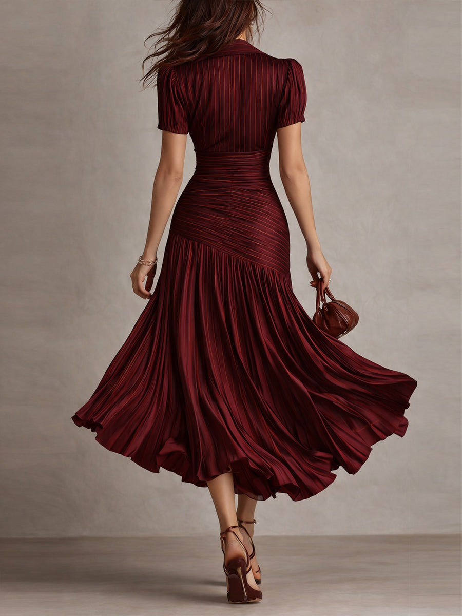 Vestido Midi Bodycon de Satén Plisado a Rayas Retro