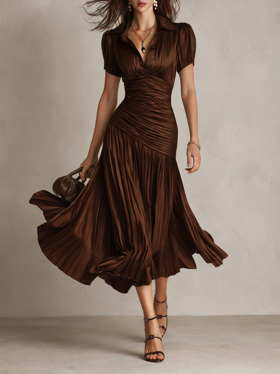Vestido Midi Bodycon de Satén Plisado a Rayas Retro