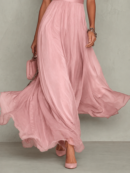 Abito lungo rosa con scollo a goccia e bordo in pizzo chiffon