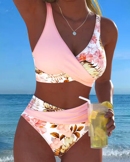 Bikini con motivo floreale a contrasto e cut-out