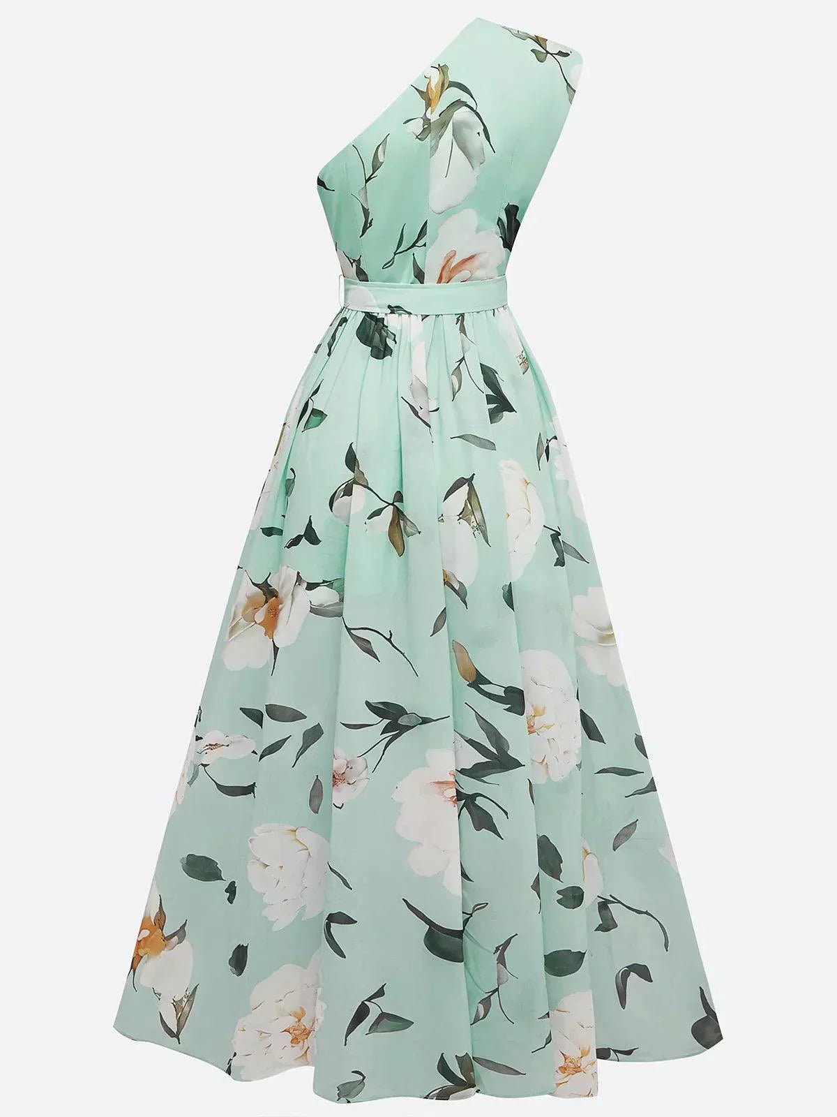 Vestito lungo monospalla floreale verde chiaro