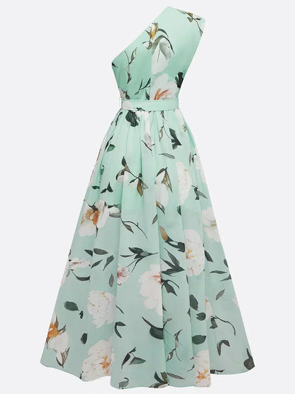 Vestito lungo monospalla floreale verde chiaro