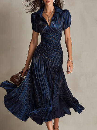 Vestido Midi Bodycon de Satén Plisado a Rayas Retro
