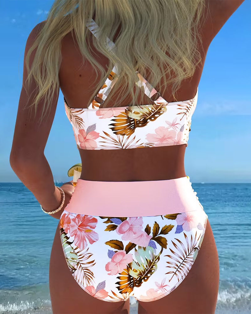 Bikini con motivo floreale a contrasto e cut-out