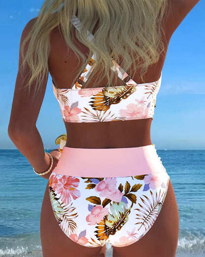 Bikini con motivo floreale a contrasto e cut-out