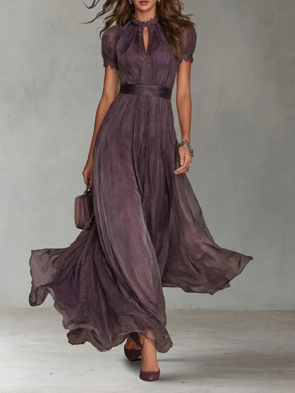 Abito lungo viola con scollo a goccia e bordo in pizzo di chiffon