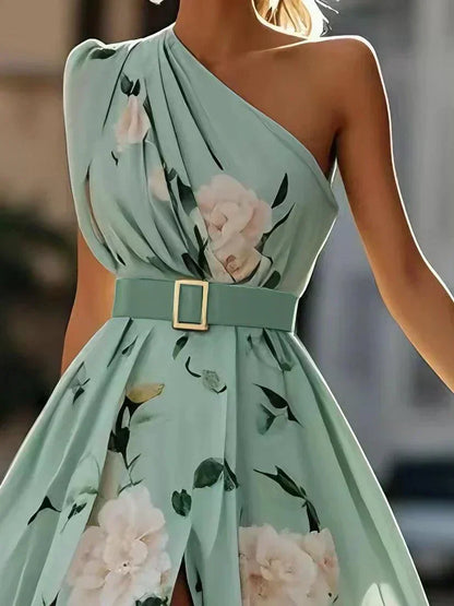 Vestito lungo monospalla floreale verde chiaro
