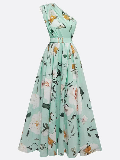Vestito lungo monospalla floreale verde chiaro