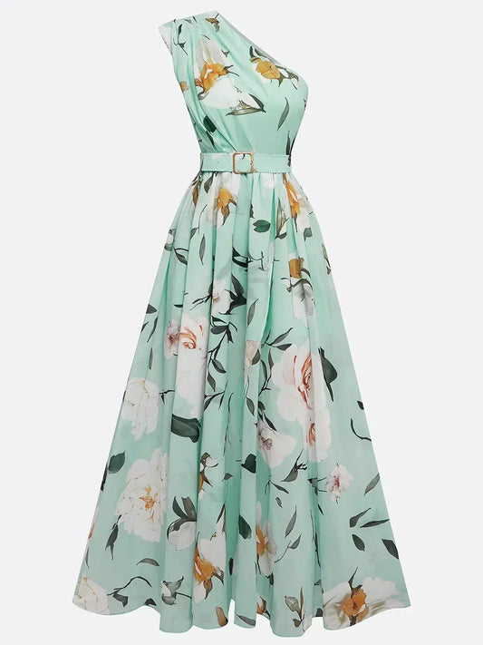 Vestito lungo monospalla floreale verde chiaro