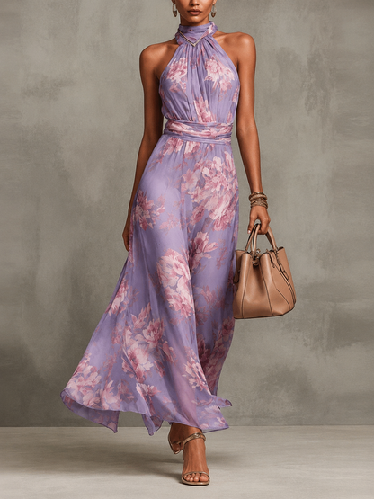 Vestito lungo all'americana in chiffon floreale rosa